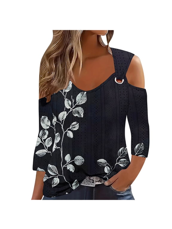 Women's Cold Shoulder 3/4 Sleeve Blouse, V‑Neck Metal Ring Decor, Leaf Floral Print Eyelet Knit Top, Loose Casual Pullover Shirts for Daily Wear Multicolor,L