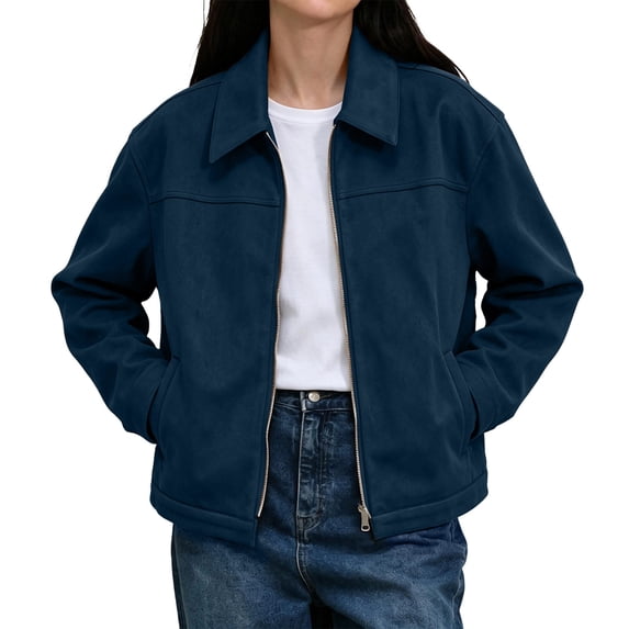 Xinoom Women's Faux Suede Zip Up Work Jacket, Point Collar Long Sleeve Boxy Cropped Utility Coat with Side Pockets, Casual Fall Outerwear Navy,L