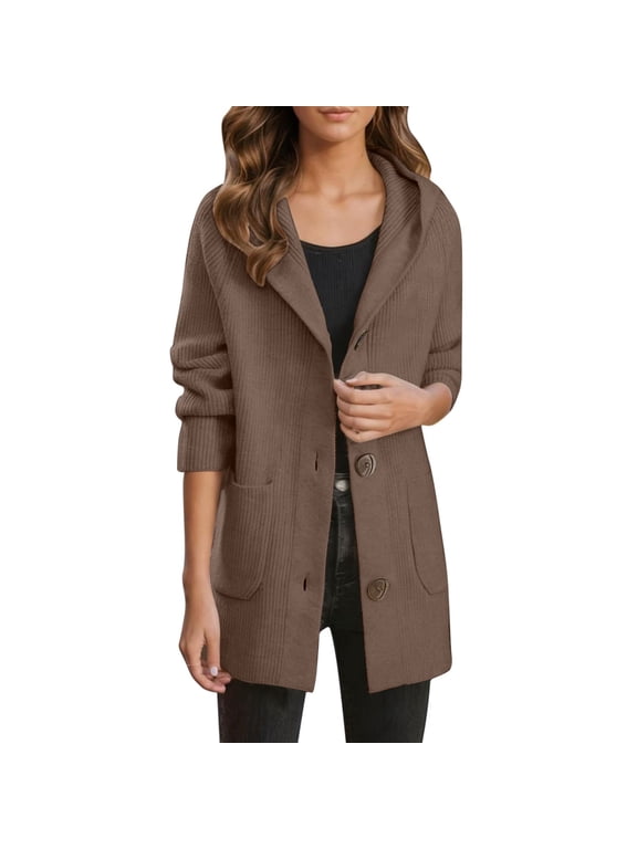 Women's Hooded Knit Cardigan Coat, Long Sleeve Notch Lapel Toggle Button Mid Length Sweater Jacket with Pockets, Warm Casual Outerwear for Cool Days Khaki,S