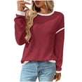 thumbnail image 1 of Xinoom Women's Long Sleeve Crew Neck Waffle Knit Sweater, Color Block Cuff Trim Pullover, Relaxed Fit Casual Jumper Tops for Fall Winter, Gift for family party Wine,L, 1 of 4