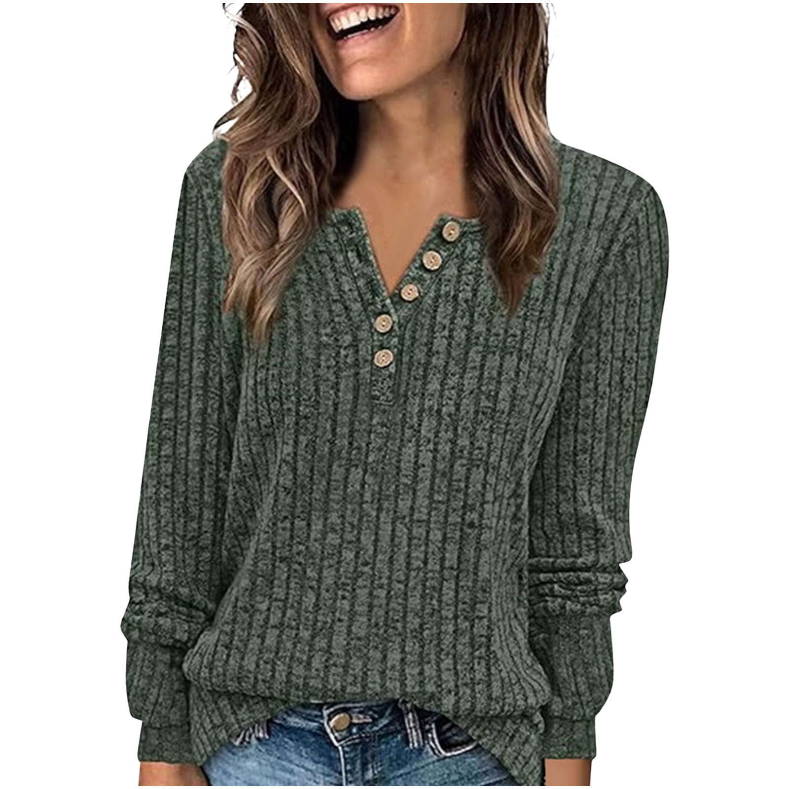 Xinoom Women's Ribbed Long Sleeve Henley Top V Neck Partial Button ...