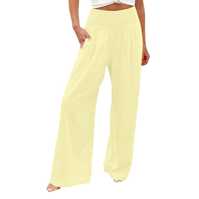 Xinqinghao High Waisted Wide Leg Pants For Women Cotton And Linen Trousers  Solid Color Summer Pants With Pockets Yellow M 