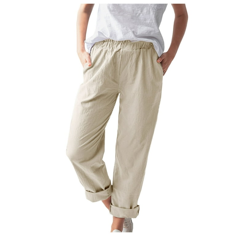 Xinqinghao Lounge Pants Women With Pockets Cotton And Linen Pants Solid  Color Lightweight Summer Pants Women Loose Drawstring Trousers Khaki XXL 