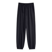 Xinqinghao Women Pants Women's Ice Silk Sweatpants Women's Loose Bunched Feet Summer Thin Casual Sanitary Pants Drape Thin Oversized Wide Leg Black L