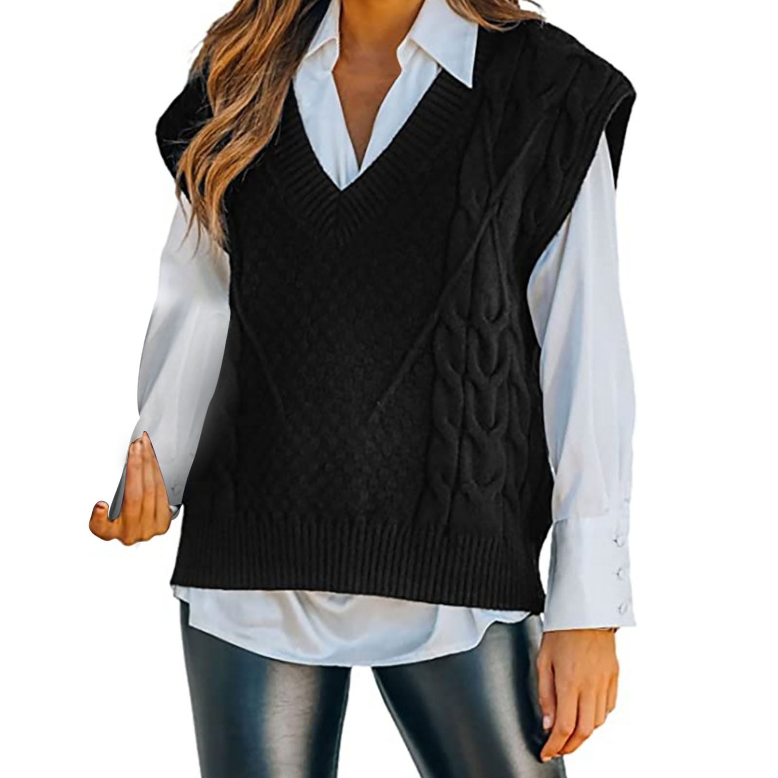 Xinqinghao Women's Cable Knit Sweater Vests V Neck Sleeve Ribbed Hem