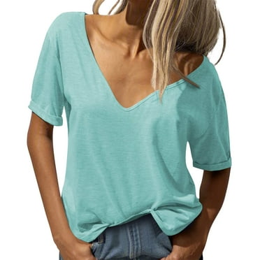 Skpblutn T-Shirts for Women Fashion Deep V Neck Short Sleeve Top Solid ...