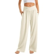 Xinqinghao Women's High Waist Open Bottom Sweatpants Wide Leg Plus Size Long Pants with Pockets Beige L