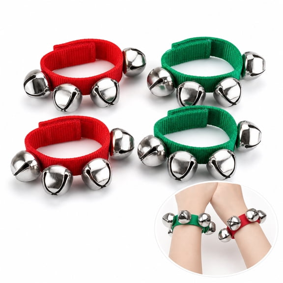 Xinshengli 4 Pcs Christmas Band Wrist Bells Bracelets Jingle Musical Ankle Bells Instrument Percussion Rhythm for Christmas Party Favors Festival Accessories (2 Red and 2 Green)