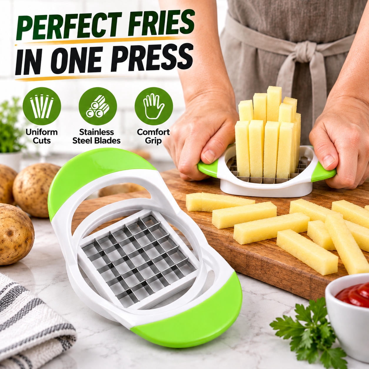 Frinch Hand Xinsrenus Heavy Duty French Fry Cutter with Two-Hand Grip, Stainless ...