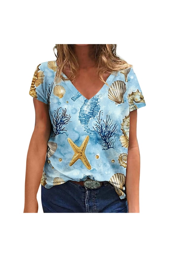 Women Summer Tops Casual Boho Beach Vacation V Neck Short Sleeve Graphic Sea Shell Starfish Print Flowy Loose Lightweight Blouse, M