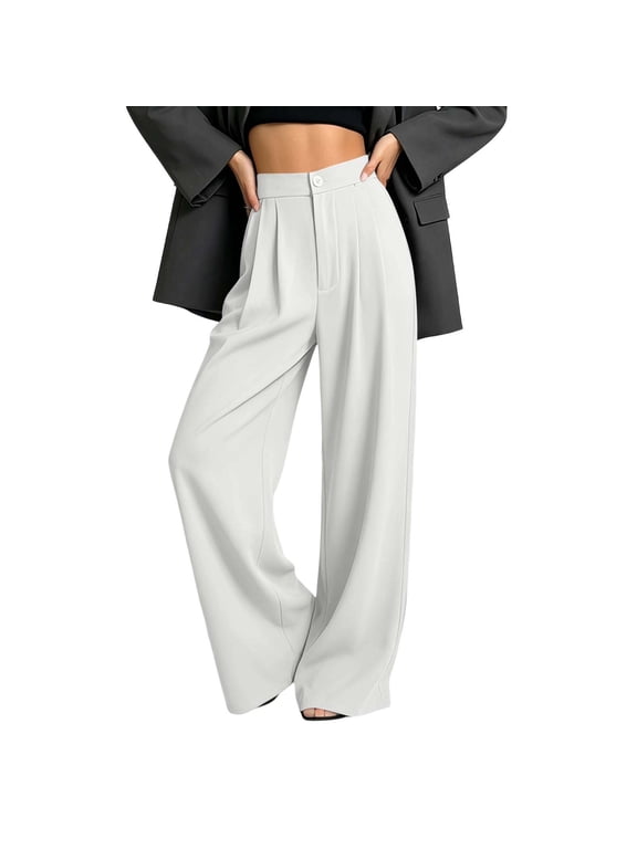 Women's Button Fly Pleated Wide Leg Suit Pants Solid Color High Waist Formal Trousers Elegant Office Work Business Outfits