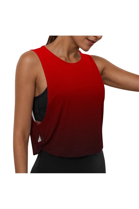 Women's Crop Tops Summer Asymmetric Cut Out Sleeveless Round Neck Loose Yoga Tank Top, Wine S