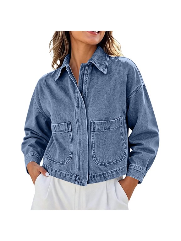 Women’s Cropped Denim Blouse Lapel Zip Up Drop Shoulder Tops Vintage Versatile Streetwear with Pockets