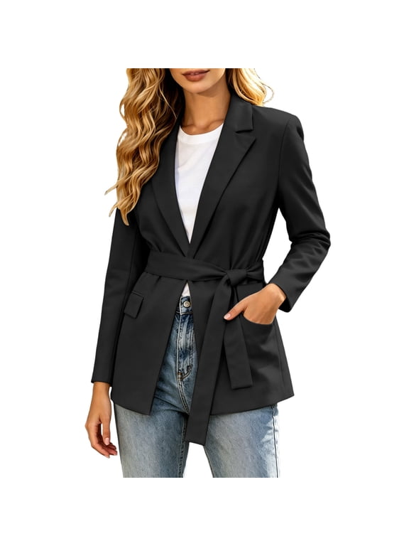 Women's Mid-Length Blazer Jacket Classic Lapel Open Front Tie Waist Long Sleeve Outwear Casual Business Coat