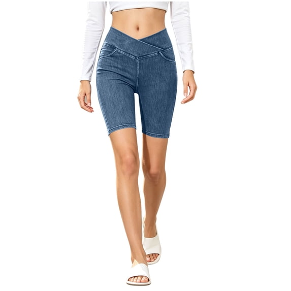 Xinsrenus Women's Solid Color Crossover High-Waist Denim Shorts Stretchy Slim Fit Pants Outdoor Sports Bottoms with Pockets