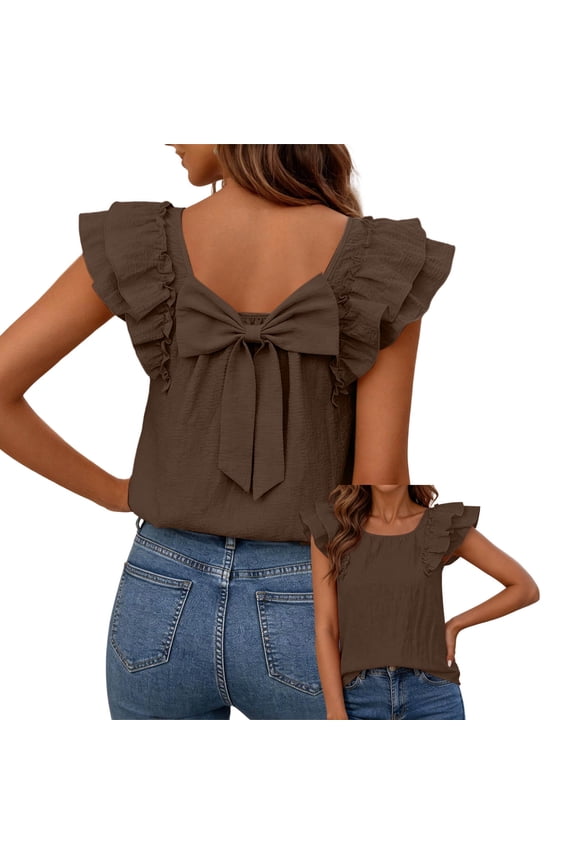 Womens Summer Tops Ruffle Open Back Tie Front Sleeveless V Neck Loose Casual Crop Top Bow Backless Blouse, Brown M