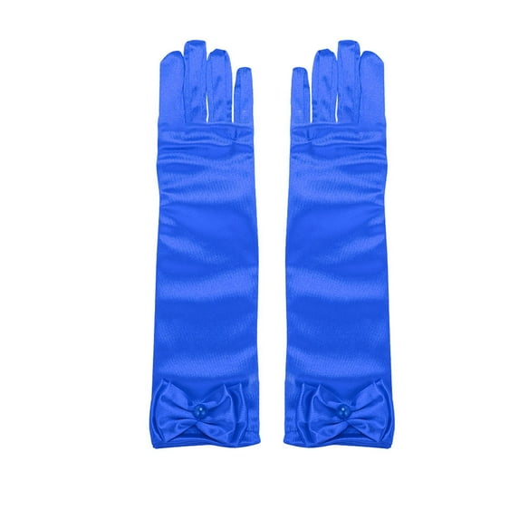 Xinwanna 1 Pair Children Performance Gloves Faux Pearl Bow Decor Solid Color Full Fingers Satin Flower Girls Gloves Princess Style Cosplay Gloves (Royal Blue)