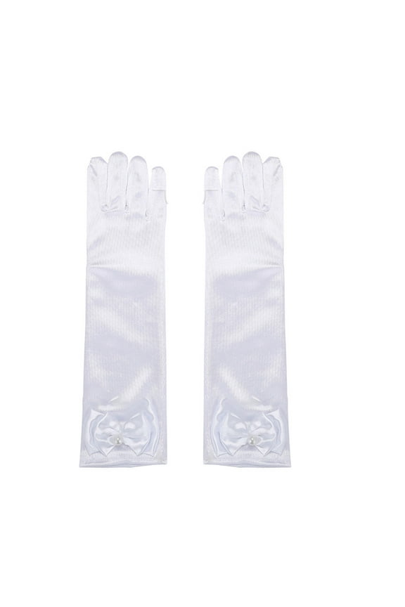 Xinwanna 1 Pair Children Performance Gloves Faux Pearl Bow Decor Solid Color Full Fingers Satin Flower Girls Gloves Princess Style Cosplay Gloves (White)