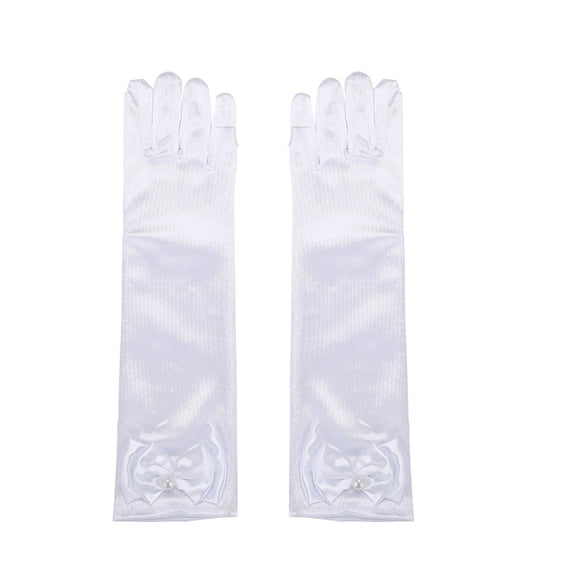 Xinwanna 1 Pair Children Performance Gloves Faux Pearl Bow Decor Solid Color Full Fingers Satin Flower Girls Gloves Princess Style Cosplay Gloves (White)
