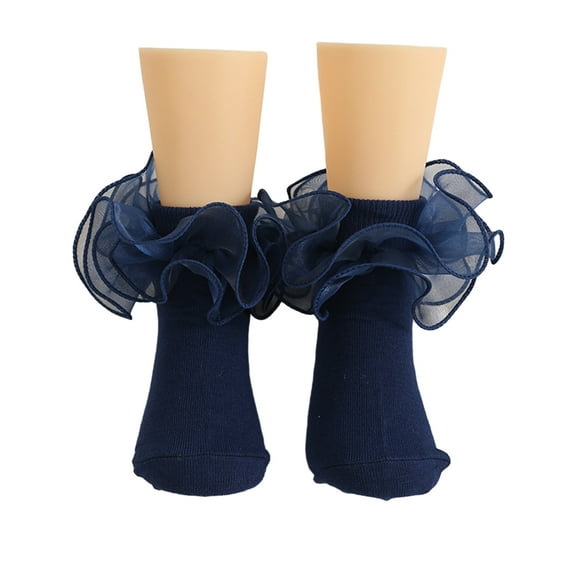Xinwanna 1 Pair Children Socks Lolita Princess Style Floral Lace Decor Solid Color Soft Breathable Elastic Anti-slip Ballet Dancing Performance Socks (Navy Blue,L)