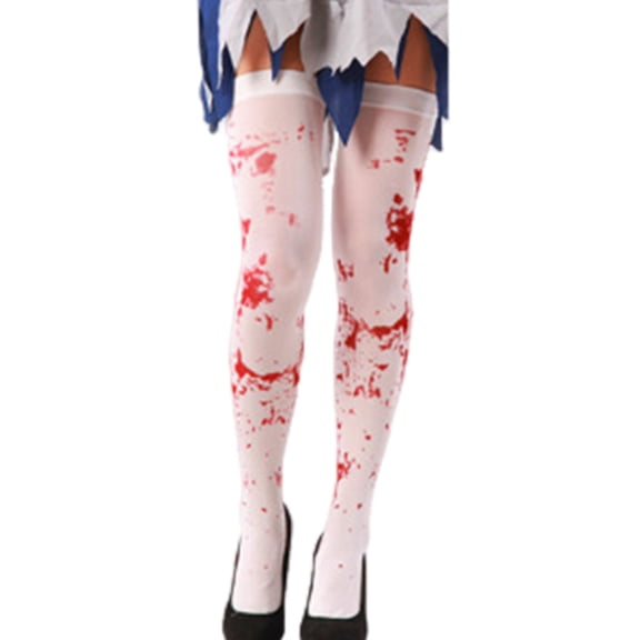 Xinwanna 1 Pair Halloween Socks Nurse Cosplay Horror Thriller Style Elastic Anti-slip Thigh Length Zombie Blood Stains Masquerades Parties Costume (Red,One Size)