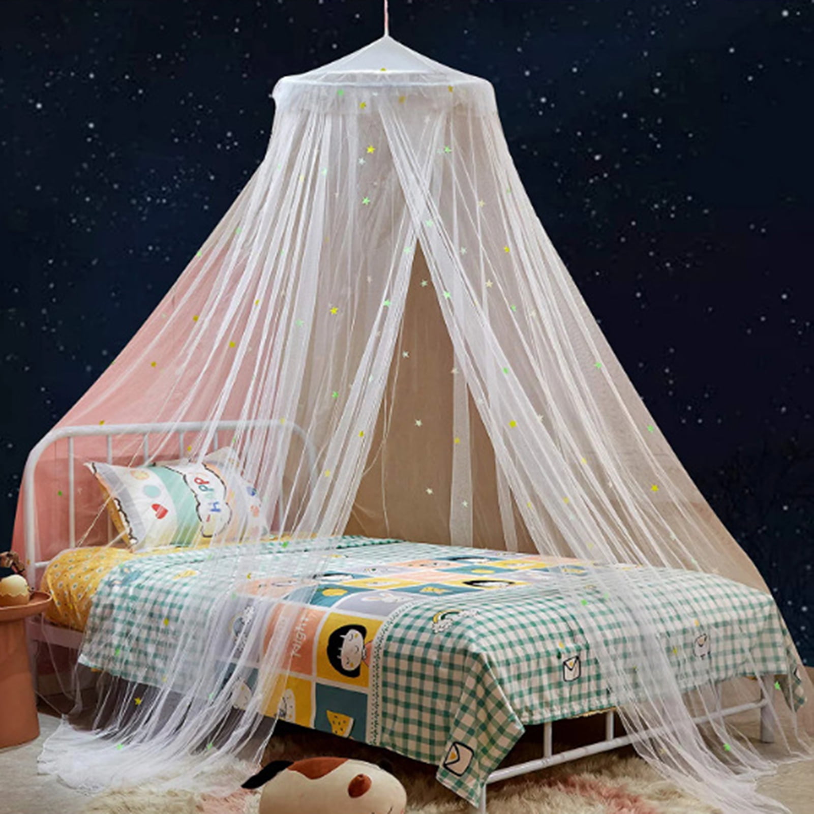 Xinwanna 1 Set Dome Bed Canopy Foldable Glow-in-the-dark Polyester Stars Princess Canopy Bed Room Decor Household Supplies (White,M)