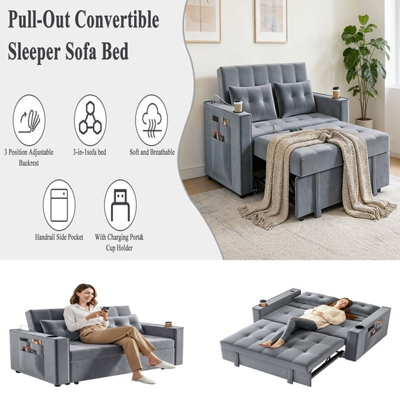 Xinwanna 3 in 1 Convertible Sleeper Sofa Bed, Full Size Velvet Pull Out Futon Couch Recliner with Reclining Backrest & 2 Pillows, Small Loveseat Lounge Couches for Small Spaces (Grey)