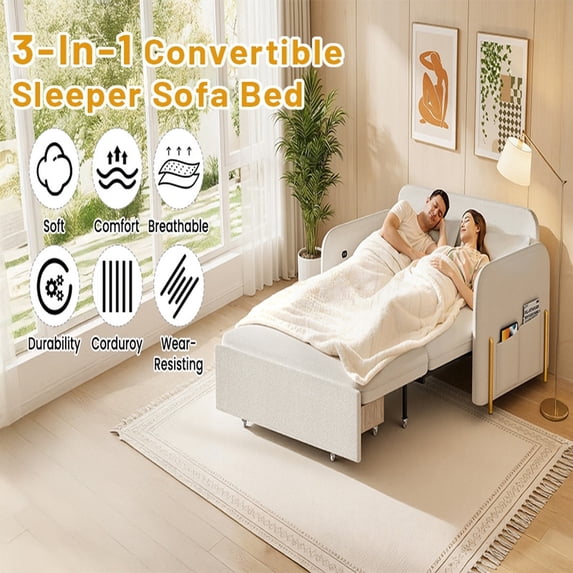 Xinwanna 3-in-1 Convertible Sleeper Sofa Bed, Loveseat to Bed with Pullout Design, Soft Cotton Linen Fabric, Includes Pillow & Side Pockets for Small Spaces, Apartment, Living Room
