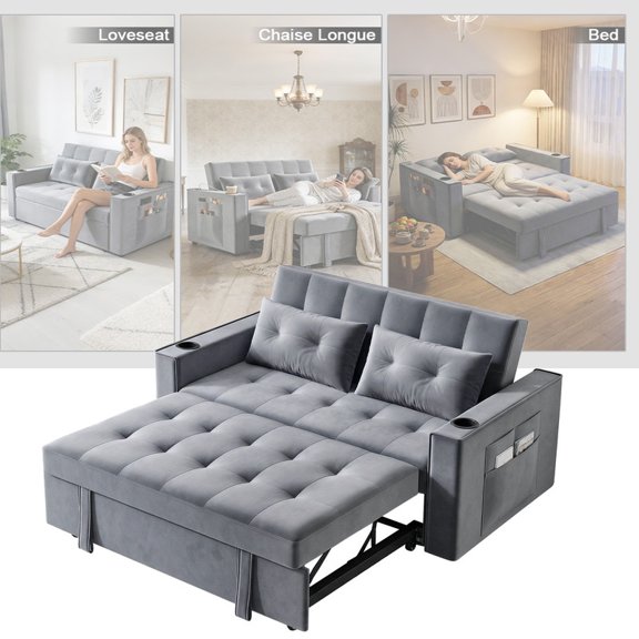 Xinwanna 3-in-1 Convertible Sleeper Sofa Bed - USB Charging Port, Adjustable Backrest, Pull-Out Futon Loveseat for Small Space Apartment, Versatile Sectional Couch for Living Room (Gray)