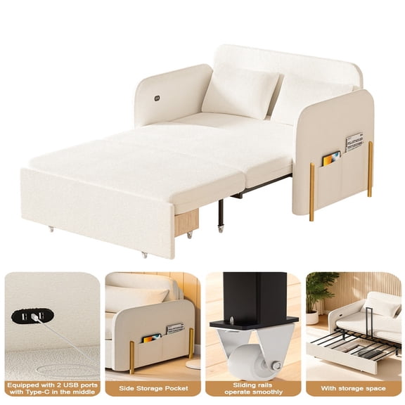 Xinwanna 3-in-1 Pull-Out Sofa Bed, Convertible Sofa Bed with Charging Station, Queen Size Sleeper Sofa, Living Room, Apartment Small Space