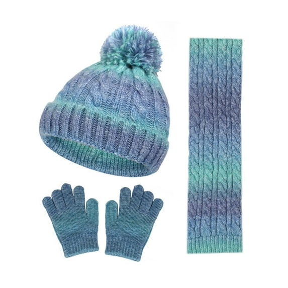 Xinwanna 3Pcs/Set Kid Hat Scarf Gloves Set Rainbow Color Plush Ball Decor Knitted Hat Windproof Scarf Gloves Set Winter Accessories (Blue)