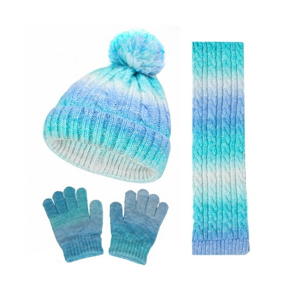 Xinwanna 3Pcs/Set Kid Hat Scarf Gloves Set Rainbow Color Plush Ball Decor Knitted Hat Windproof Scarf Gloves Set Winter Accessories (Light Blue)