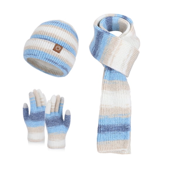 Xinwanna 3Pcs/Set Women Winter Hat Scarf Gloves Set Thickened Velvet Lining Knitting Hat Long Scarf Touch Screen Gloves Set Winter Accessories (Blue)