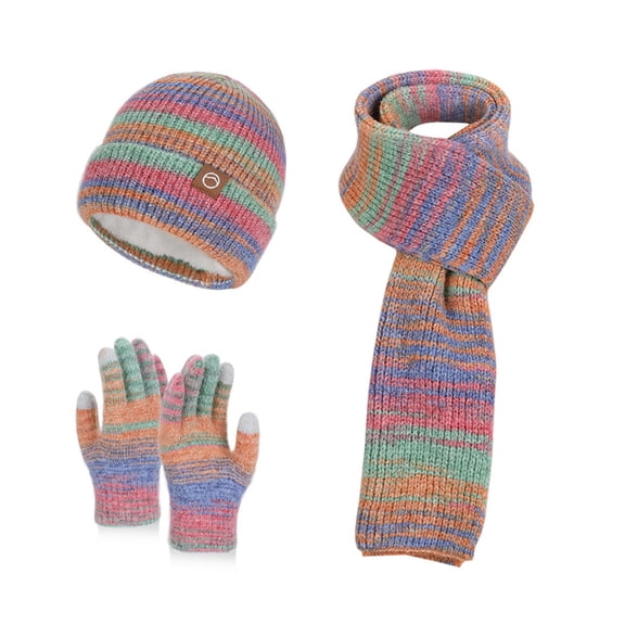 Xinwanna 3Pcs/Set Women Winter Hat Scarf Gloves Set Thickened Velvet Lining Knitting Hat Long Scarf Touch Screen Gloves Set Winter Accessories (Multicolor)