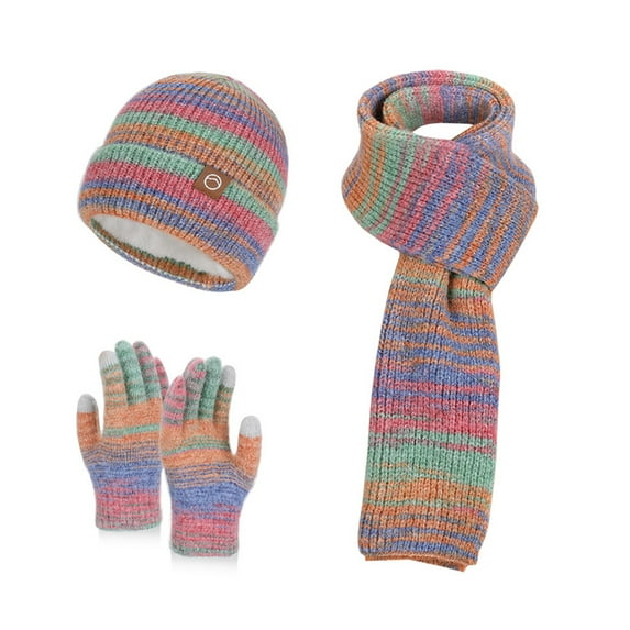Xinwanna 3Pcs/Set Women Winter Hat Scarf Gloves Set Thickened Velvet Lining Knitting Hat Long Scarf Touch Screen Gloves Set Winter Accessories (Multicolor)