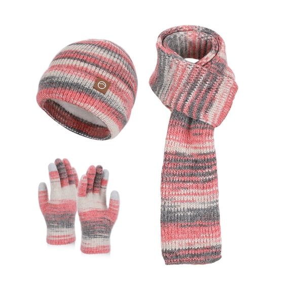 Xinwanna 3Pcs/Set Women Winter Hat Scarf Gloves Set Thickened Velvet Lining Knitting Hat Long Scarf Touch Screen Gloves Set Winter Accessories (Rose Red)