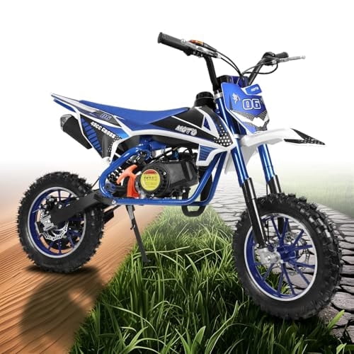 Xinwanna 49cc Kids Dirt Bike, 2 Stroke Gas Powered Mini Motorcycle, Pocket Motorbike Adults Youth, Off Road Motorbike 10 Inch Tires, High Carbon Steel Frame, Dual Disc Brakes, 25KMH Racing Speed