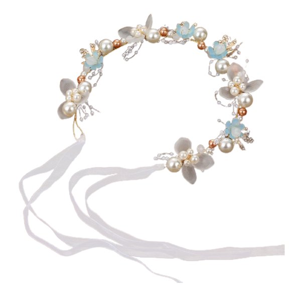 Xinwanna Adjustable Ribbon Lace-up Girls Headband Elastic Non-slip Flower Leaves Faux Pearls Decor Kids Princess Crown Hair Accessories (Blue,Girls Headband)