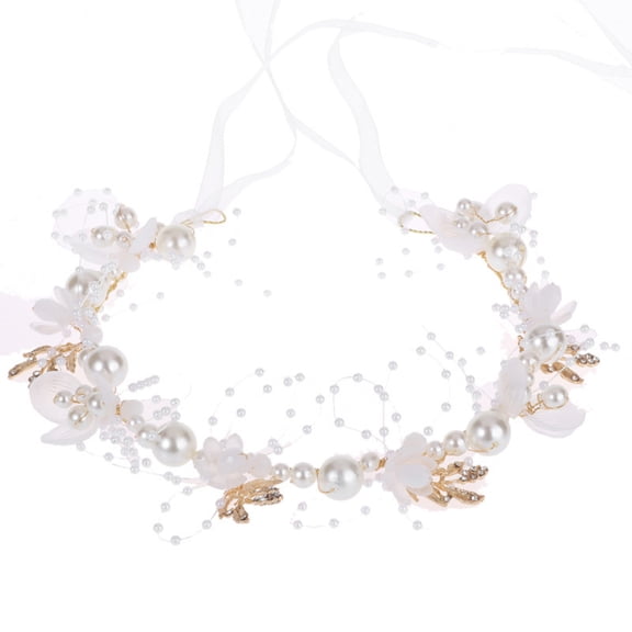 Xinwanna Adjustable Ribbon Lace-up Girls Headband Elastic Non-slip Flower Leaves Faux Pearls Decor Kids Princess Crown Hair Accessories (White,Girls Headband)