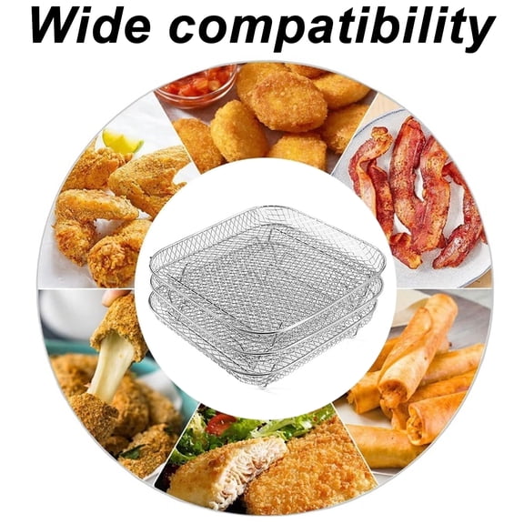 Xinwanna Air Fryer Rack, 3 Stackable Cooling Racks for Airfryer, Stainless Steel Square Rack with 4 Silicone Feet & Tray Clip for Cooking Steaming Cooling Drying Baking, Suit for 5L-7.5L Air Fryers