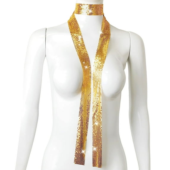 Xinwanna Aluminum Sequin Scarf Necklace Men Women Lightweight Sparkling Design Collar Necklace Decorative Accessory (Golden,One Size)