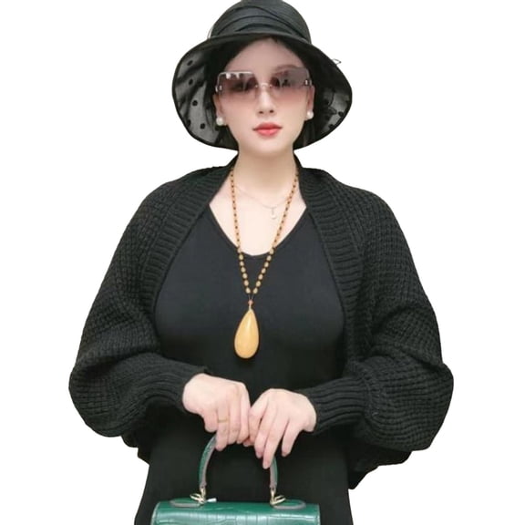 Xinwanna Autumn Winter Knitting Shawl Ribbed Trim Long Sleeve Open Front Shawl Wrap Solid Color Ribbed Trim Cozy Wrap (Black)