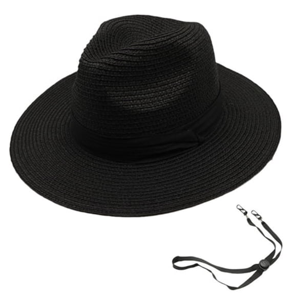 Xinwanna Beach Sun Straw Hat for Women Wide Brim Sun Protection Woven Hat Summer Foldable Packable Roll Up Cap for Travel (Black)