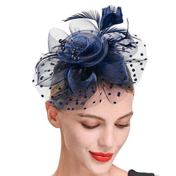 Xinwanna Beads Decor Dot Print Metal Clip Fascinator Hat Mesh Flower Feather Decor Party Headwear Hair Accessories (Navy Blue)