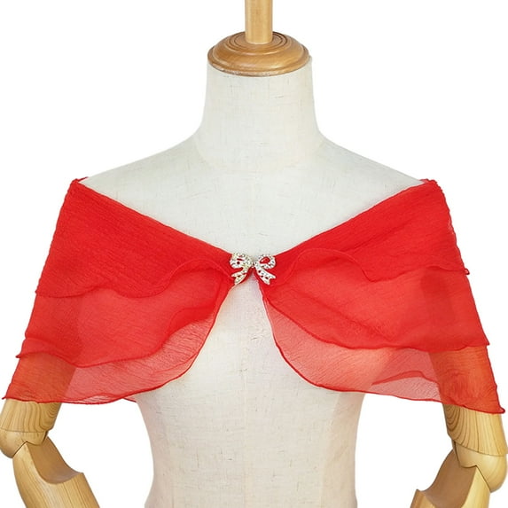 Xinwanna Bridal Shawl See-through Mesh Rhinestone Bow Buckle V Neck Three-layered Romantic Soft Lightweight Lady Wedding Party Prom Shawl (Red)