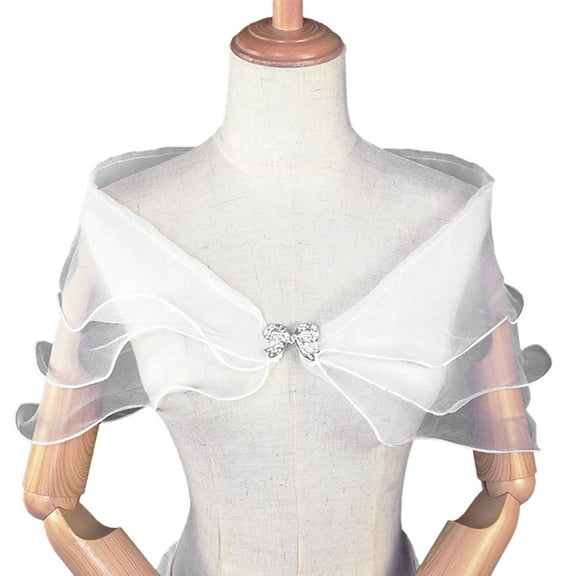 Xinwanna Bridal Shawl See-through Mesh Rhinestone Bow Buckle V Neck Three-layered Romantic Soft Lightweight Lady Wedding Party Prom Shawl (White)