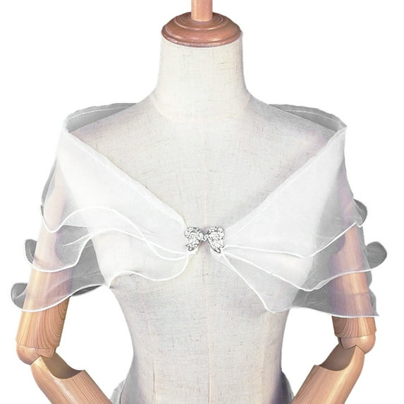 Xinwanna Bridal Shawl See-through Mesh Rhinestone Bow Buckle V Neck Three-layered Romantic Soft Lightweight Lady Wedding Party Prom Shawl (White)