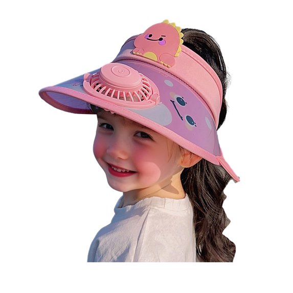 Xinwanna Cartoon Kids Sun Visor Hat with USB Charging Fan UPF50+ Summer Beach Cooling Hat Outdoor Empty Top Wide Brim Sunhat for Boys Girls 3-10Y (Pink)