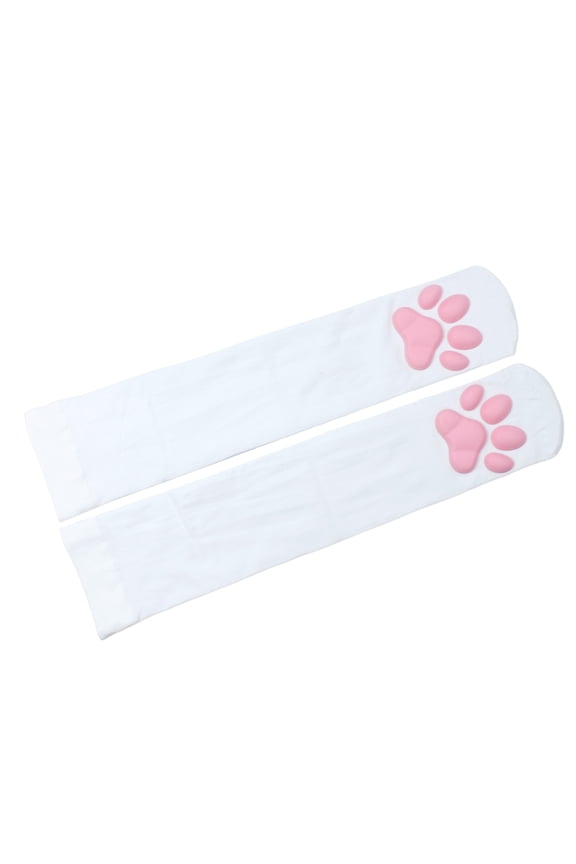 Xinwanna Cat Paw Thigh High Socks for Women 3D Toe Beans Cat Claw Pad Socks Elastic Knee-High Stockings with Silicone Grips Animal Cosplay Outfit (White,One Size)
