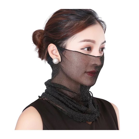 Xinwanna Chiffon Neck Gaiter with Earloops for Women Breathable UV Sun Protection Face Bandana Scarf for Outdoor Cycling Travel (Black,One Size)
